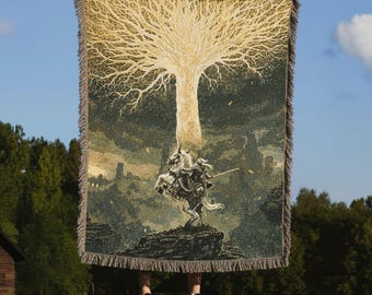 Elden Ring Woven Blanket, Erdtree Tapestry Cotton Throw, Fantasy RPG Gamer Decor, Dark Academia Wall Hanging, Mythical Tree Soulslike Gift