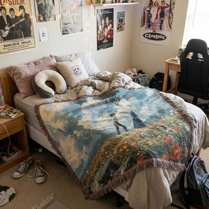 Howl's Umzugsschloss Gewebte Decke: Sophie und Howl Wiesenszene Wandteppich, Studio Ghibli Inspirierter Baumwollwurf, Anime Landschaft Raumdekor Bild 4
