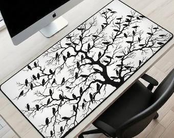 Gothic Crow Tree Desk Mat, Dark Academia Large Mouse Pad, Black and White Bird Desk Decor, Aesthetic Crow Aesthetic Office Accessories Gift