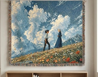 Howl's Moving Castle Woven Blanket: Sophie and Howl Meadow Scene Tapestry, Studio Ghibli Inspired Cotton Throw, Anime Landscape Room Decor