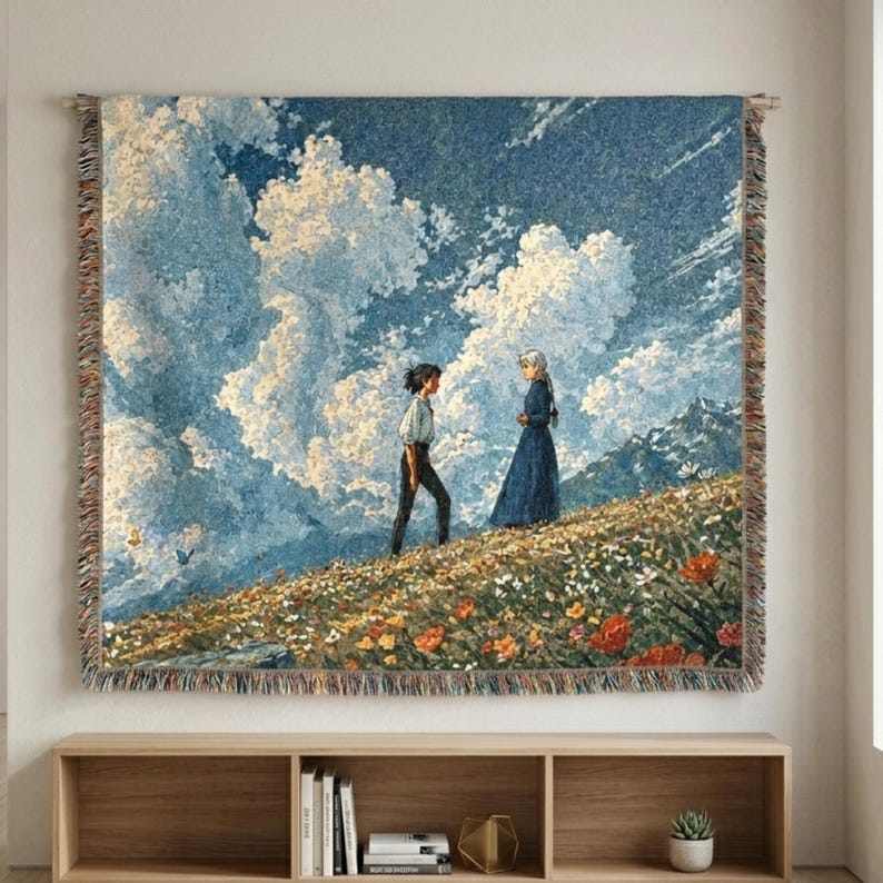 Howl's Umzugsschloss Gewebte Decke: Sophie und Howl Wiesenszene Wandteppich, Studio Ghibli Inspirierter Baumwollwurf, Anime Landschaft Raumdekor Bild 1