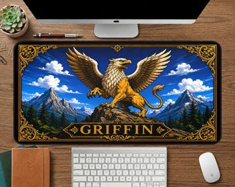 Griffin Desk Mat, Fantasy Mouse Pad, Gaming Desk Pad, Mythical Beast Mat, Dark Academia Office, Gold Border Deskpad, Cute Gothic Gift