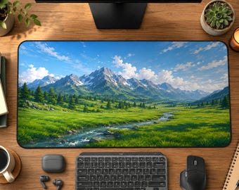 Mountain Desk Mat, Nature Mouse Pad, Cute Anime Landscape Desk Pad, Large Gaming Mousepad, Green Meadow Deskmat, Cottagecore Office Decor