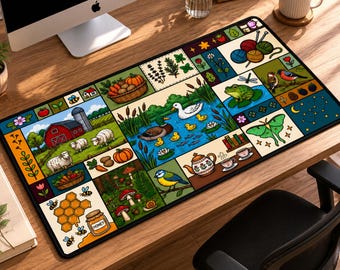 Cottagecore Farm Desk Mat, Woodland Nature Mouse Pad, Botanical Farmhouse Aesthetic, Cozy Forest Animal Desk Decor