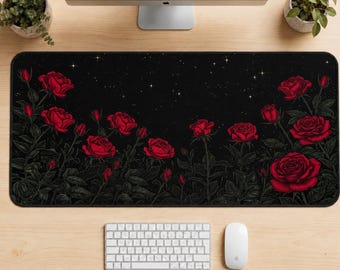 Red Roses Under Stars Desk Mat, Gothic Floral Mouse Pad, Dark Academia Gaming Mat, Celestial Night Sky Desk Pad, Vintage Cottagecore Decor