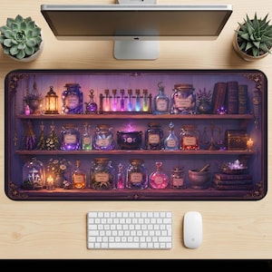 May include: A decorative desk mat featuring a mystical apothecary shelf design. The mat showcases various jars, bottles, and vials filled with colorful liquids and ingredients, along with books, candles, and a cauldron. The color palette includes purples, blues, and golds.
