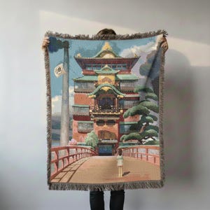 Spirited Away Bathhouse Woven Blanket - Studio Ghibli Anime Throw - Chihiro Inspired Cotton Tapestry Wall Art Gift image 6