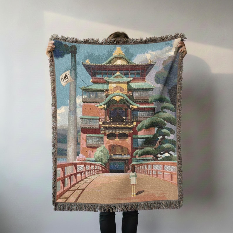 Spirited Away Bathhouse Woven Blanket - Studio Ghibli Anime Throw - Chihiro Inspired Cotton Tapestry Wall Art Gift image 6