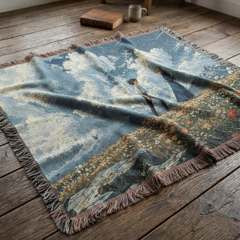 Howl's Umzugsschloss Gewebte Decke: Sophie und Howl Wiesenszene Wandteppich, Studio Ghibli Inspirierter Baumwollwurf, Anime Landschaft Raumdekor Bild 3