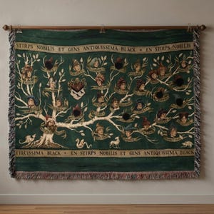 May include: A green tapestry with a family tree design, featuring portraits and names. The tapestry has a dark green background with white and gold accents. The text "STIRPS NOBILIS ET GENS ANTIQUISSIMA BLACK" is displayed at the top and bottom.
