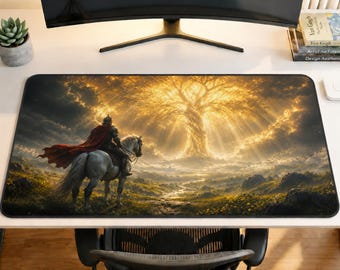 World Tree Desk Mat, Knight Gaming Mouse Pad, Yggdrasil Large Deskmat, Dark Fantasy Mousepad XL, Gamer Desk Decor, Mythic Tree Knight Mat