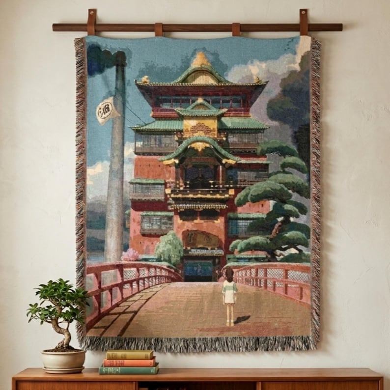 Spirited Away Bathhouse Woven Blanket - Studio Ghibli Anime Throw - Chihiro Inspired Cotton Tapestry Wall Art Gift image 1