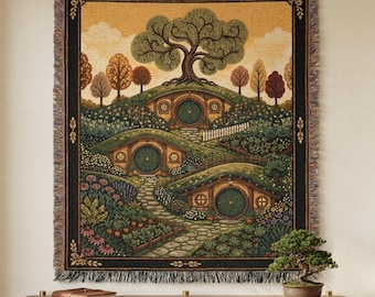 Halfling Village Woven Blanket, Fantasy Bookish Gift, Hillside Cottagecore Tapestry Throw, Meadow Floral Art, Magical Realm Cotton Decor