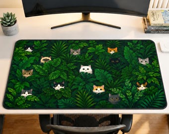 Cute Cats in Jungle Desk Mat, Aesthetic Forest Cat Mouse Pad, Extra Large Gaming Desk Pad, Cat Lover Gift, Botanical Desk Decor Keyboard Mat