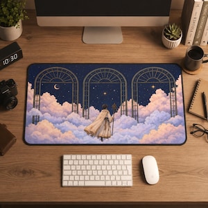 Fantasy Wizard Desk Mat, Celestial Starry Night Mouse Pad, Cute Gaming Desk Mat, Aesthetic Magic Gate Keyboard Mat, Celestial Desk Pad,