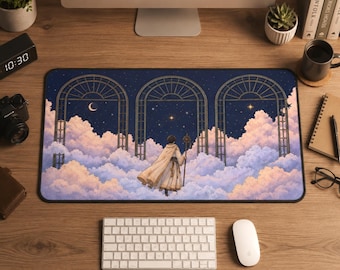 Fantasy Wizard Desk Mat, Celestial Starry Night Mouse Pad, Cute Gaming Desk Mat, Aesthetic Magic Gate Keyboard Mat, Celestial Desk Pad,