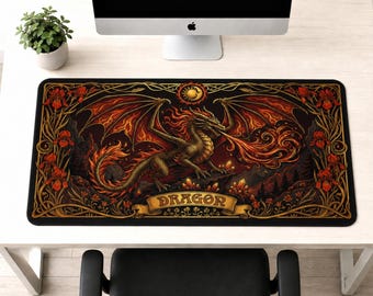 Fantasy Dragon Desk Mat, Large Gaming Mouse Pad, Art Nouveau Desk Pad, Magic Dragon Desk Accessories, Aesthetic Office Decor, Gamer Gift,