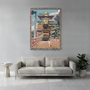 Spirited Away Bathhouse Woven Blanket - Studio Ghibli Anime Throw - Chihiro Inspired Cotton Tapestry Wall Art Gift image 4