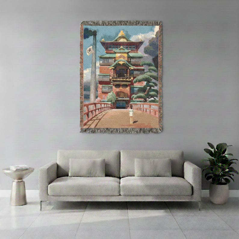 Spirited Away Bathhouse Woven Blanket - Studio Ghibli Anime Throw - Chihiro Inspired Cotton Tapestry Wall Art Gift image 4