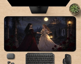 Gothic Fantasy Princess Desk Mat, Dark Romance Castle Mouse Pad, Moonlit Fairytale Gaming Desk Pad, Gothic Decor