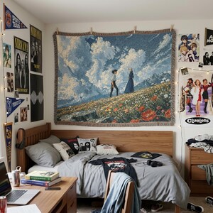 Howl's Umzugsschloss Gewebte Decke: Sophie und Howl Wiesenszene Wandteppich, Studio Ghibli Inspirierter Baumwollwurf, Anime Landschaft Raumdekor Bild 5