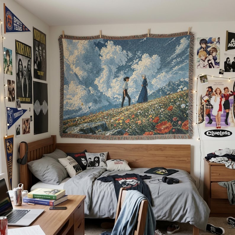 Howl's Umzugsschloss Gewebte Decke: Sophie und Howl Wiesenszene Wandteppich, Studio Ghibli Inspirierter Baumwollwurf, Anime Landschaft Raumdekor Bild 5