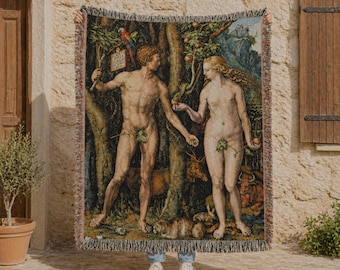 Adam and Eve Woven Blanket, Renaissance Art Tapestry Throw, Vintage Botanical Garden Wall Decor, 100% Cotton Blanket Gift