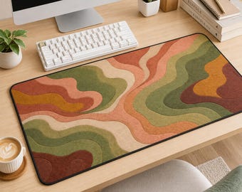 Retro Abstract Waves Desk Mat, Sage Green Cottagecore Mouse Pad, Earthy Neutral