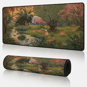 Vintage Forest Garden Desk Mat, Cottagecore Deer River Mouse Pad, Botanical Tapestry Desk Pad, Aesthetic Nature Gaming Mat, Large Desk Mat