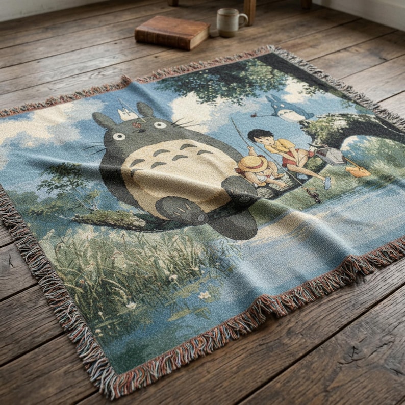 Manta tejida de Totoro de Ghibli / Manta tejida a mano 100% algodón, tapiz de pared de anime imagen 5