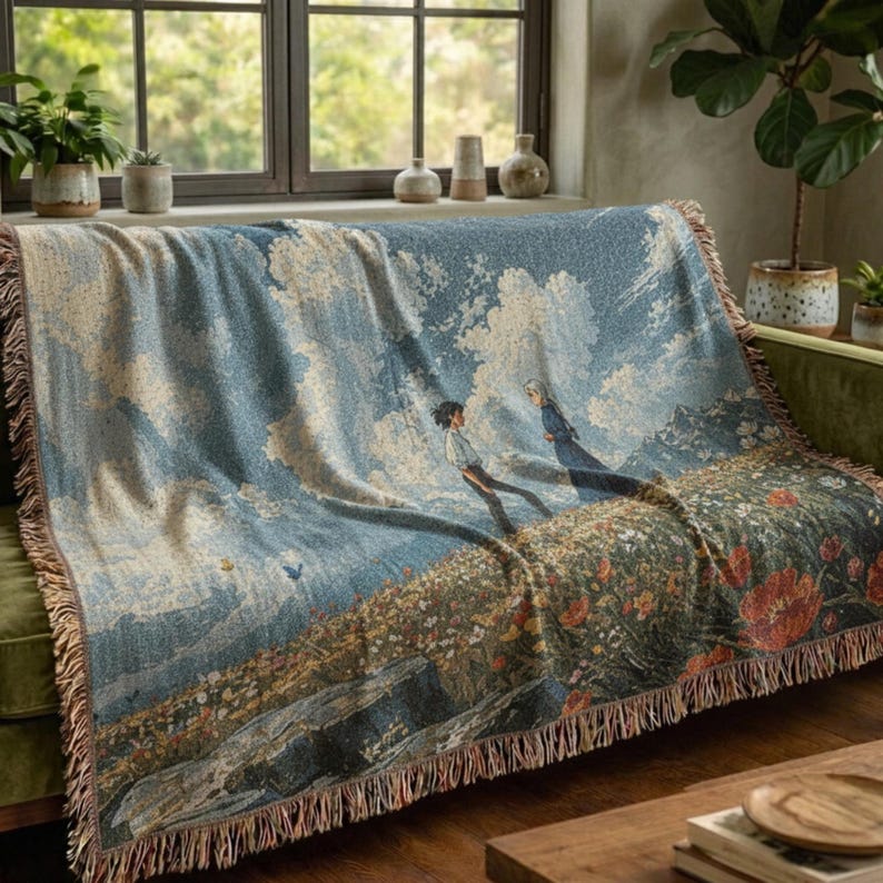 Howl's Umzugsschloss Gewebte Decke: Sophie und Howl Wiesenszene Wandteppich, Studio Ghibli Inspirierter Baumwollwurf, Anime Landschaft Raumdekor Bild 6