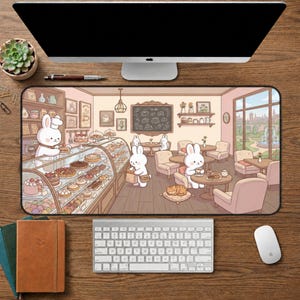 May include: A rectangular desk mat featuring a detailed illustration of a cozy cafe interior with white cartoon rabbits serving pastries, drinking tea, and relaxing. The scene includes a glass display case filled with cakes, tables, chairs, and a sleeping cat.