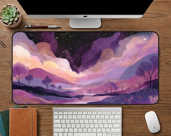 Purple Galaxy Desk Mat, Celestial Mouse Pad, Starry Night Gaming Desk Mat, Fantasy Landscape Desk Accessories