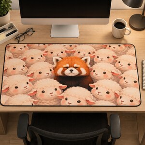 May include: A rectangular desk mat featuring a repeating pattern of fluffy white sheep with pink cheeks and a single, centered red panda with a grumpy expression. The mat has a black border and is positioned on a wooden desk surface.