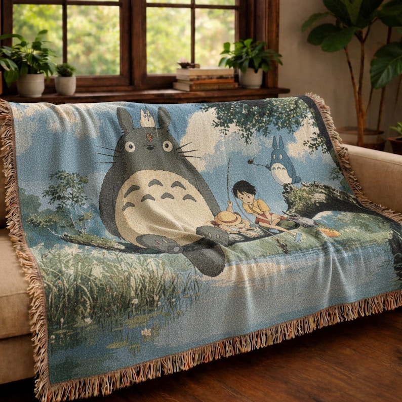Manta tejida de Totoro de Ghibli / Manta tejida a mano 100% algodón, tapiz de pared de anime imagen 7