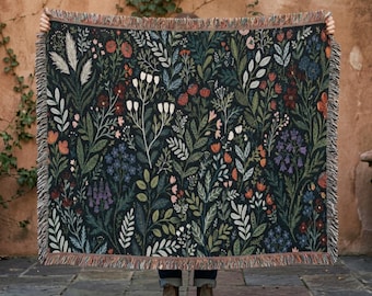 Wildflower Botanical Floral Woven Blanket, Cotton Throw | Cottagecore Boho