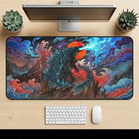 Godzilla Desk Mat,Anime Mouse Pad, Japanese Wave Art, Gaming Desk Pad, Kaiju Keyboard Mat, Otaku Gamer Gift