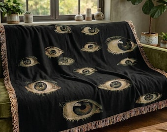 Evil Eye Woven Blanket: Vintage Horror Occult Decor, Goth Home Decor, Dark Academia, Halloween Bedding, Macabre, Witchy, Spooky Throw