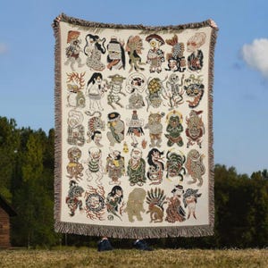 Japanese Yokai Gothic Folk Monster Art Woven Blanket | Tattoo Style Dark Aesthetic Throw
