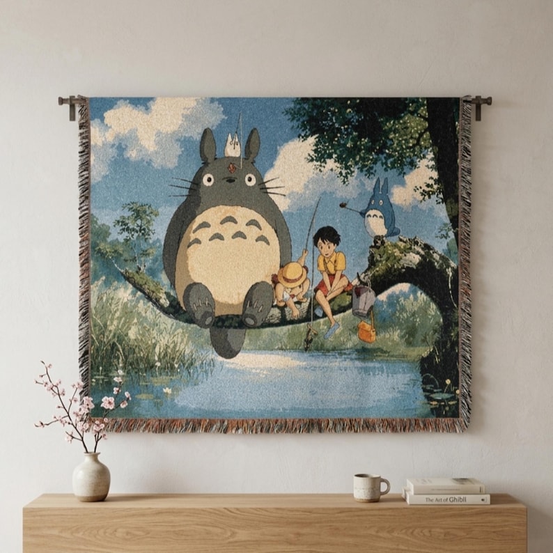 Manta tejida de Totoro de Ghibli / Manta tejida a mano 100% algodón, tapiz de pared de anime imagen 1