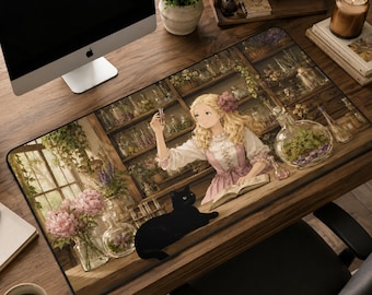 Botanical Witch Desk Mat, Anime Apothecary Mouse Pad, Cute Black Cat Desk Pad, Floral Cottagecore Office Decor, Cozy Aesthetic Gaming Mat