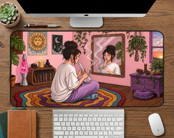 Pink Witchy Desk Mat, Boho Stoner Mouse Pad, Cozy Botanical Gaming Desk Pad, Spiritual Room Decor Gift