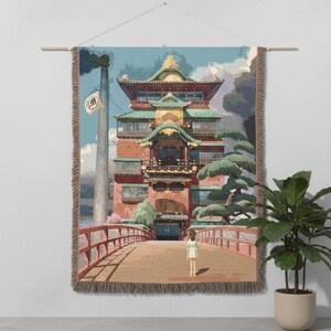 Spirited Away Bathhouse Woven Blanket - Studio Ghibli Anime Throw - Chihiro Inspired Cotton Tapestry Wall Art Gift image 3