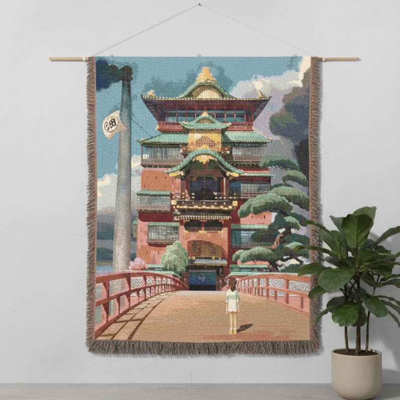 Spirited Away Bathhouse Woven Blanket - Studio Ghibli Anime Throw - Chihiro Inspired Cotton Tapestry Wall Art Gift image 3