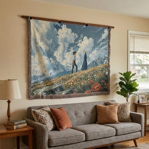 Howl's Umzugsschloss Gewebte Decke: Sophie und Howl Wiesenszene Wandteppich, Studio Ghibli Inspirierter Baumwollwurf, Anime Landschaft Raumdekor Bild 2