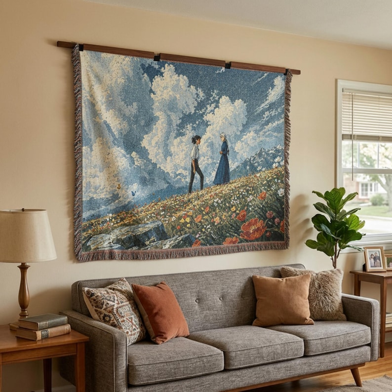 Howl's Umzugsschloss Gewebte Decke: Sophie und Howl Wiesenszene Wandteppich, Studio Ghibli Inspirierter Baumwollwurf, Anime Landschaft Raumdekor Bild 2