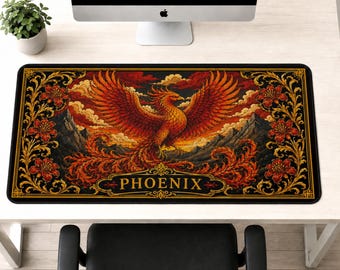 Phoenix Desk Mat, Gothic Mouse Pad, Mythical Bird Gaming Mat, Dark Academia Desk Setup, Fire Bird Computer Pad, Large Desk Blotter, Gift