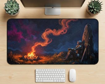 Knight Bonfire Desk Mat, Dark Souls Inspired Mouse Pad, Fantasy Warrior Gaming Mat, Cosmic Galaxy Desk Pad, Medieval RPG Decor, Large Mat