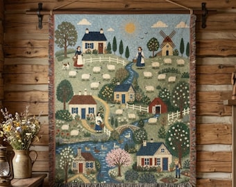 Pastoral Schafdorf gewebte Decke, Cottagecore Französische Land Tapisserie Wandkunst, 100% Baumwolle Bauernhaus Geschenk für Sie