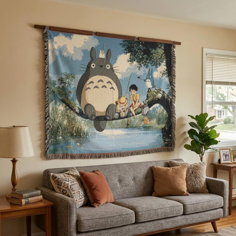 Manta tejida de Totoro de Ghibli / Manta tejida a mano 100% algodón, tapiz de pared de anime imagen 6